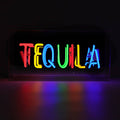 Colourful Tequila glass neon sign glowing inside a clear acrylic display box against a dark background