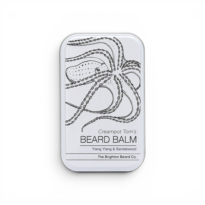 Creampot Tom’s ylang ylang and sandalwood beard balm 40ml closed tin on white background