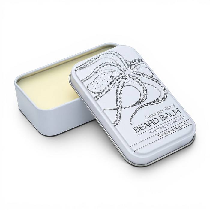 Creampot Tom’s ylang ylang and sandalwood beard balm 40ml open tin showing balm texture