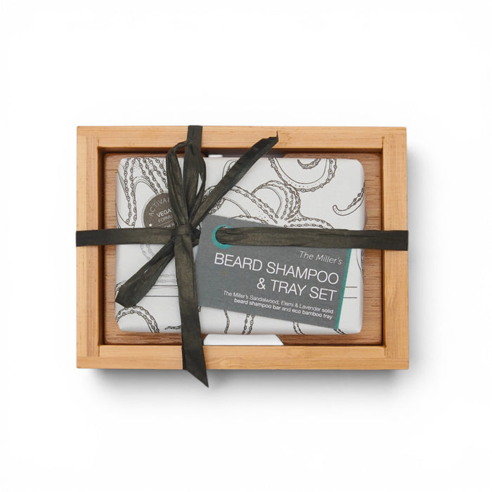 The Brighton Beard Co Miller’s Beard Shampoo and bamboo tray gift set on white background
