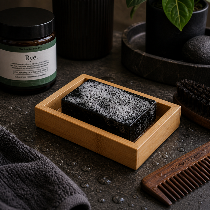 The Brighton Beard Co beard shampoo bar in bamboo tray within moody bathroom lifestyle setting