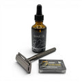 The Brighton Beard Co. Traditional Shave Kit with safety razor, shave oil and Derby razor blades on a white background