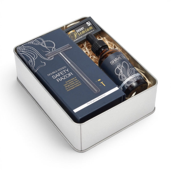 Open tin presentation of The Brighton Beard Co. Traditional Shave Kit