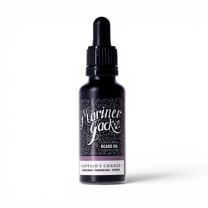 The Captain’s Charge beard oil 30ml bottle on white background