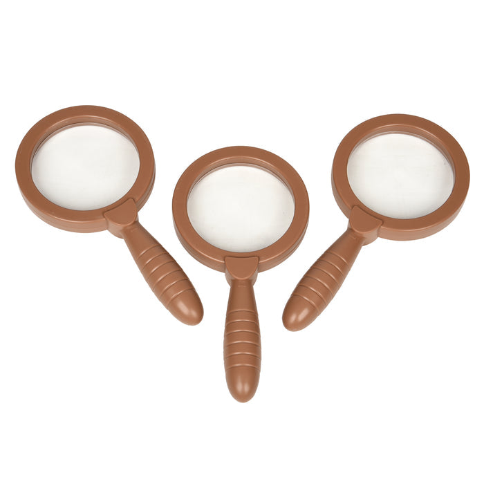 Three brown magnifying glasses with white lenses on a white background