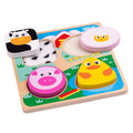 Wooden puzzle with animal shapes and faces on a colorful background