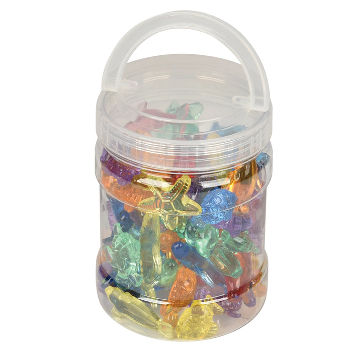 Clear plastic container filled with colorful ocean themed figurines on a white background