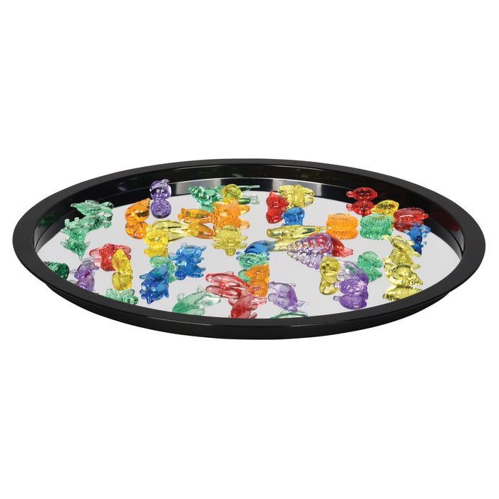 Colorful ocean themed figures on a black tray with a white background