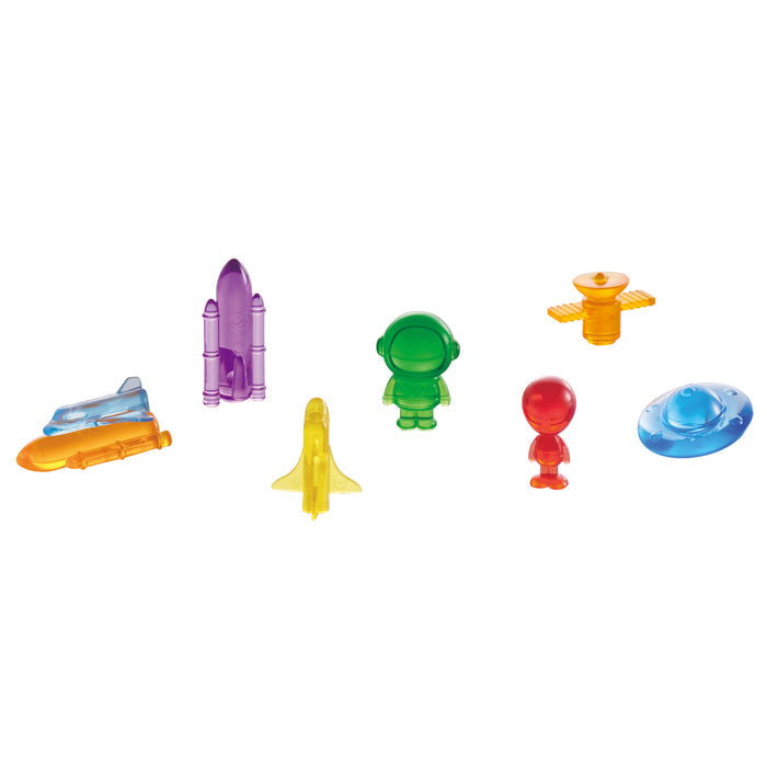 Set of colorful toy figures and vehicles on a white background