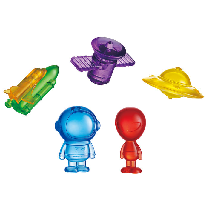 Set of colorful plastic figures and toys on a white background