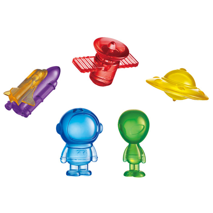 Set of colorful space-themed figurines on a white background