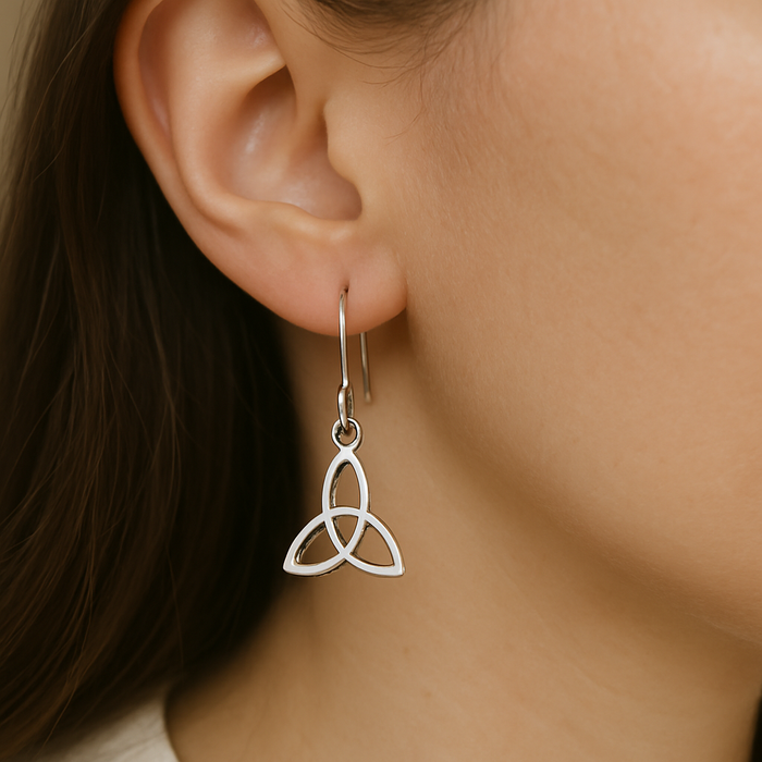 Trinity earrings silver tone hook closure Triquetra dangled earrings