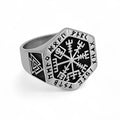 A polished stainless steel ring with a hexagonal design and Norse compass symbol in the center, featuring Valknut designs on the sides.