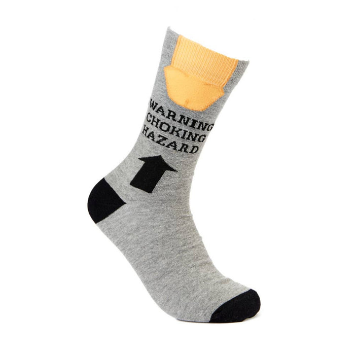 Warning Choking Hazard novelty socks grey main view with arrow design