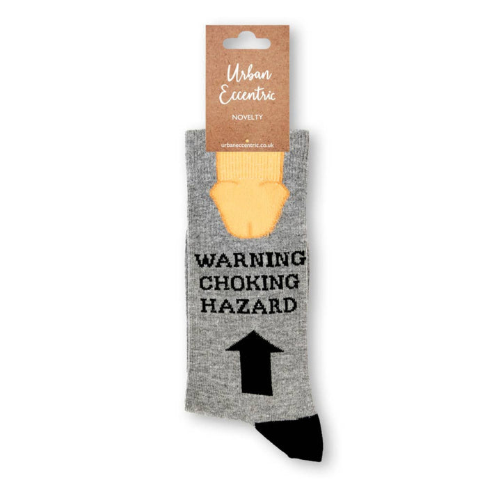 Warning Choking Hazard socks with retail tag visible