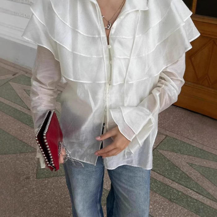 White Ruffled Flare Sleeve Tencel Shirt