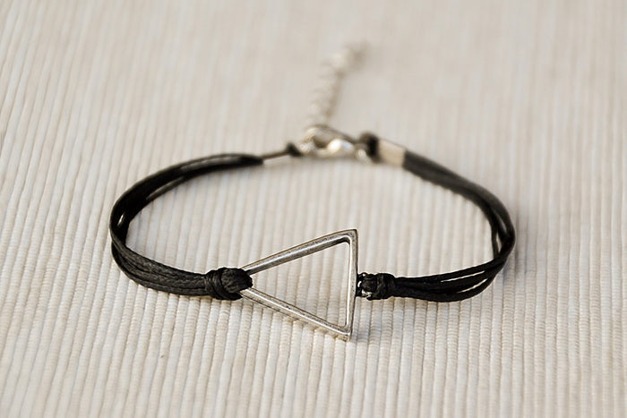 Womens bracelet with silver triangle, Geometric bracelet, black cord - shani-adi-jewerly