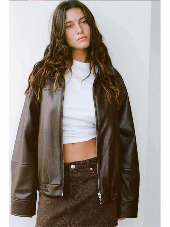 Women's Loose Lapels Leather Coat