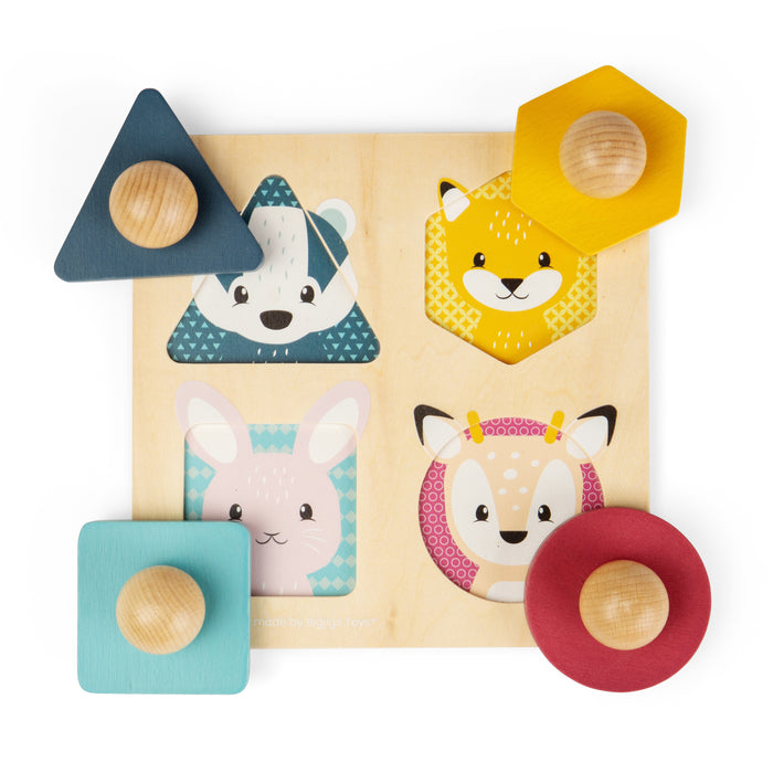 Wooden puzzle with animal faces and colorful shapes on a white background