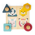 Wooden puzzle with animal faces and colorful shapes on a white background