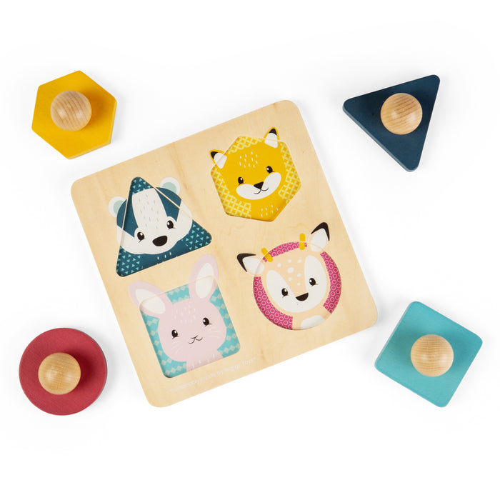 Wooden puzzle with animal faces and colorful geometric shapes on a white background