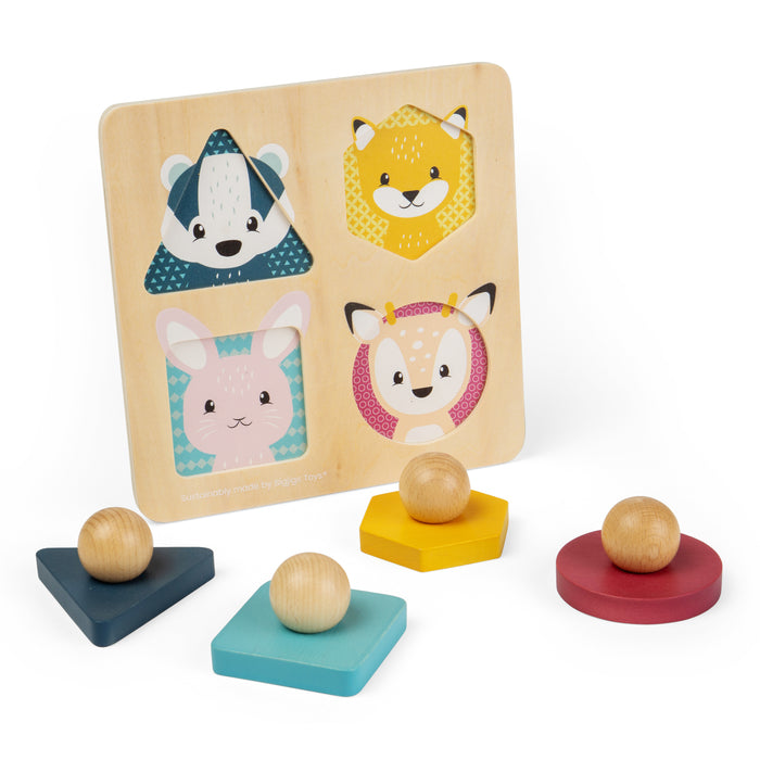 Wooden puzzle with animal faces and matching shapes on a white background