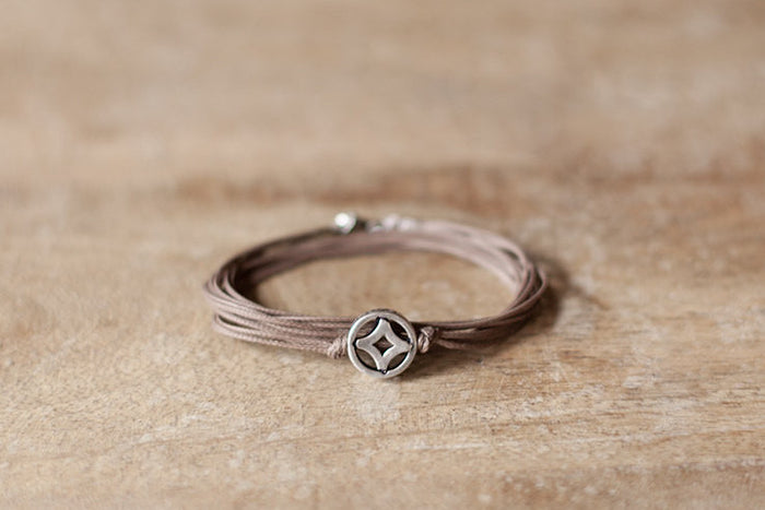 Wrap bracelet for men with silver circle charm, brown strings - shani-adi-jewerly
