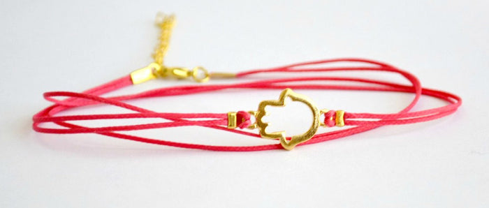 Wrap cord anklet with gold hamsa charm, bright pink cord - shani-adi-jewerly