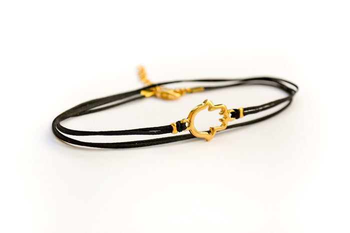 Wrapped green string bracelet with gold Hamsa charm, Jewish gift for her