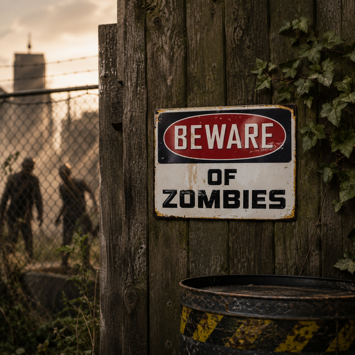 Beware Of Zombies metal warning sign mounted on a weathered wooden fence in a post apocalyptic outdoor scene